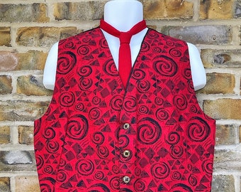 Vintage 1970's Handmade sporadic patterned bright red/black Waistcoat/Vest, Size UK 40