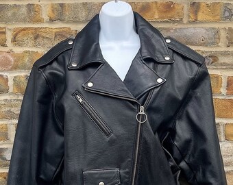 Vintage circa 1990&#39;s Ladies &quot;Original tanning co&quot; Black leather biker jacket, Size UK 14