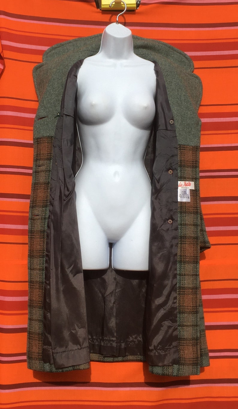 Vintage 1970/'s La Petite British made high wool blend greenbrown windowpane overcoat Size UK 10?