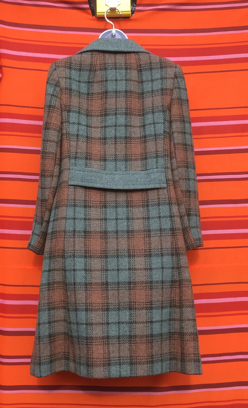 Vintage 1970/'s La Petite British made high wool blend greenbrown windowpane overcoat Size UK 10?