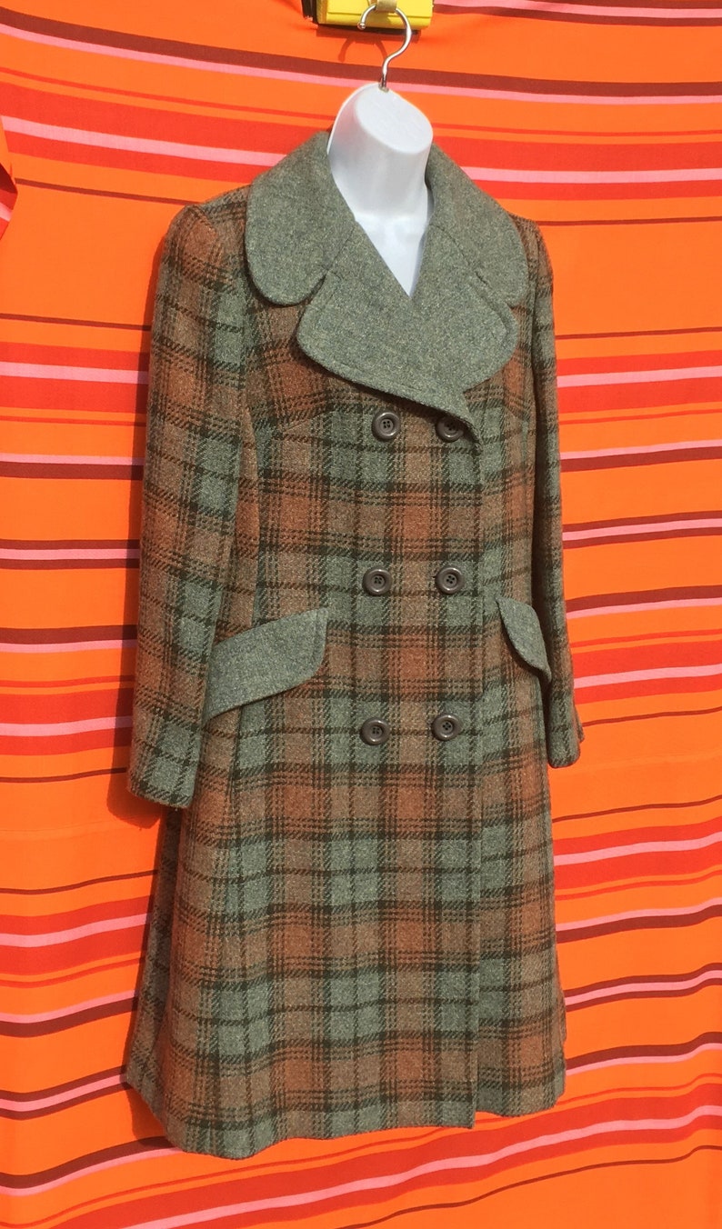 Vintage 1970/'s La Petite British made high wool blend greenbrown windowpane overcoat Size UK 10?