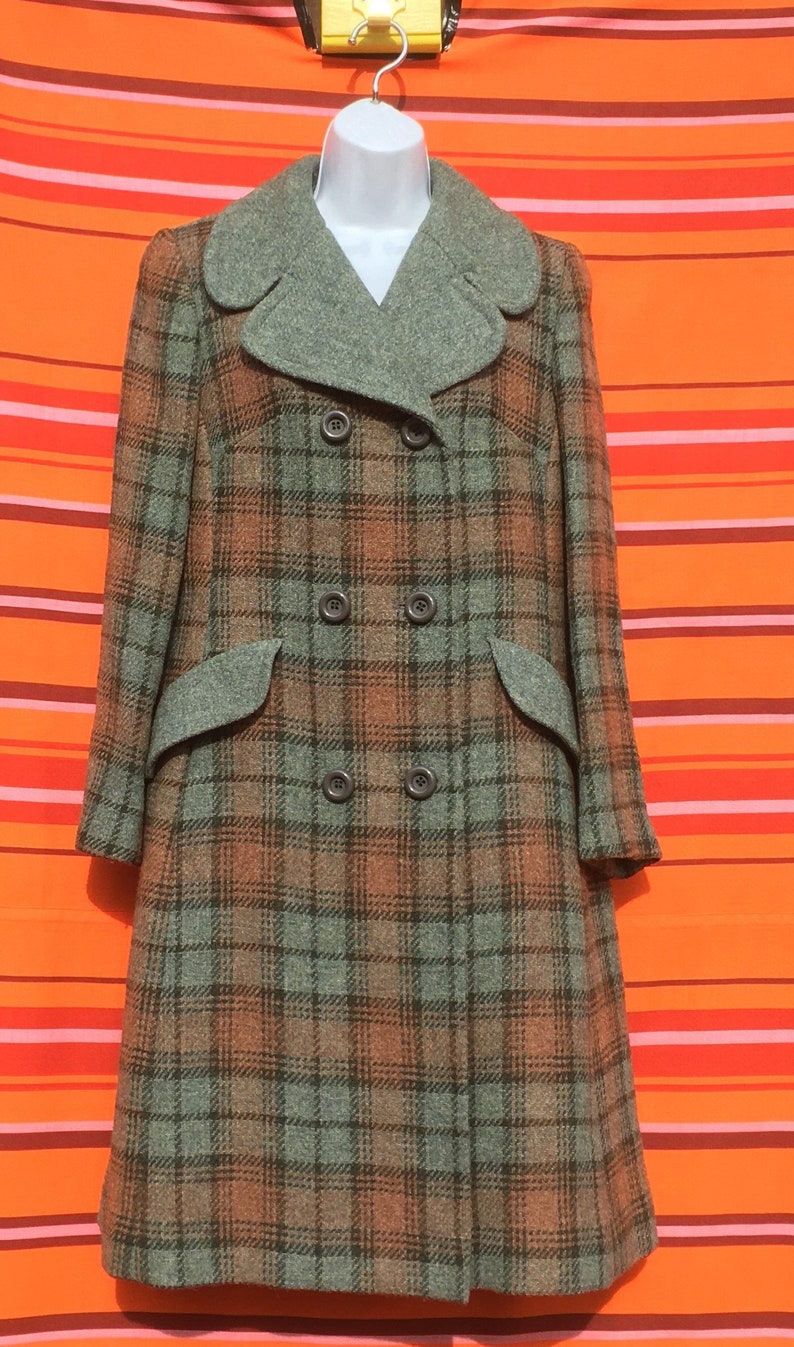 Vintage 1970/'s La Petite British made high wool blend greenbrown windowpane overcoat Size UK 10?