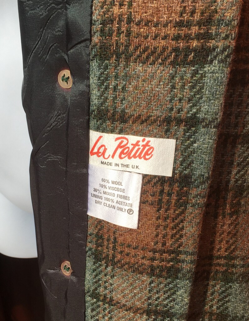 Vintage 1970/'s La Petite British made high wool blend greenbrown windowpane overcoat Size UK 10?