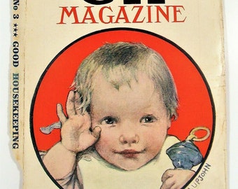 Vtg Mar 1909 Good Housekeeping Magazine Cover Baby Rattle Bib Cute Art Print Ad