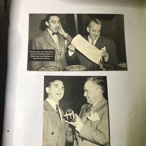 May include: Two black and white photos of men in suits. The top photo shows Mischa Auer and Tom Breneman with the text "Mischa Auer, Tom Breneman and 523,000 Breakfast in Hollywood contributions to the March of Dimes". The bottom photo shows Eddie Cantor and Tom Breneman with the text "Eddie Cantor and Tom Breneman".
