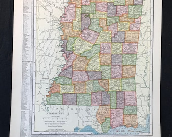 Antique 1910 U.S.A. Map Double Sided Mississippi Arkansas