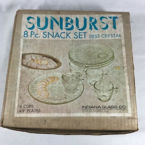 Vintage Sunburst 8 pc Snack Set Crystal Indiana Glass Co in Box 0853 Excellent