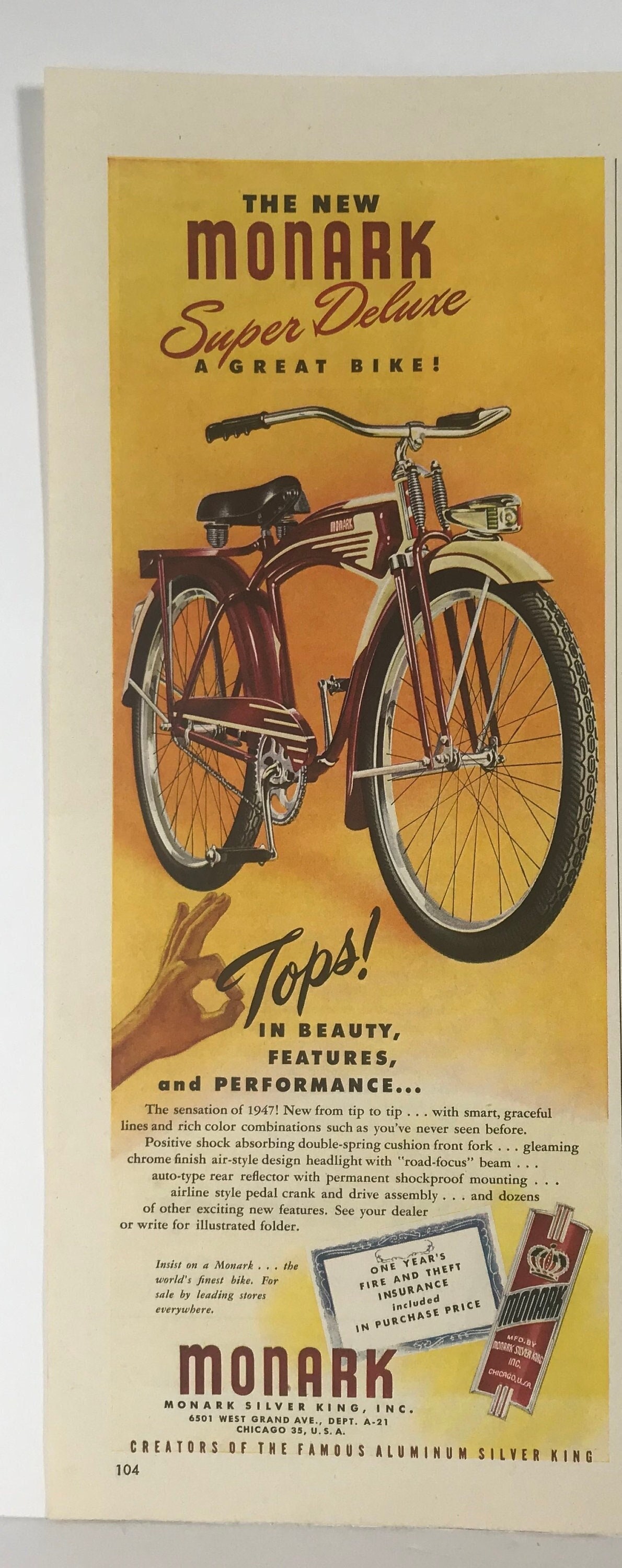 Vintage 1947 Monark Bicycle Print Ad Super Deluxe Silver King Bike Aluminum