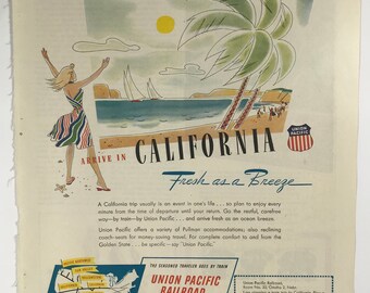 Vtg 1947 California Union Pacific Railroad Print Ad Train Travel Beach CA