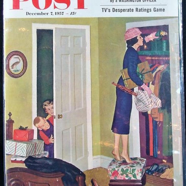 Saturday Evening Post Cover Only Dec 7, 1957 Mom Hiding Christmas Gifts Print Ad Children watching, Presents, Hiding in ClosetDec