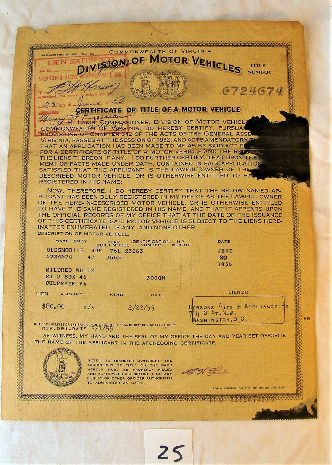 Vintage Historical Document Auto Car Title Virginia 1947 Oldsmobile 4