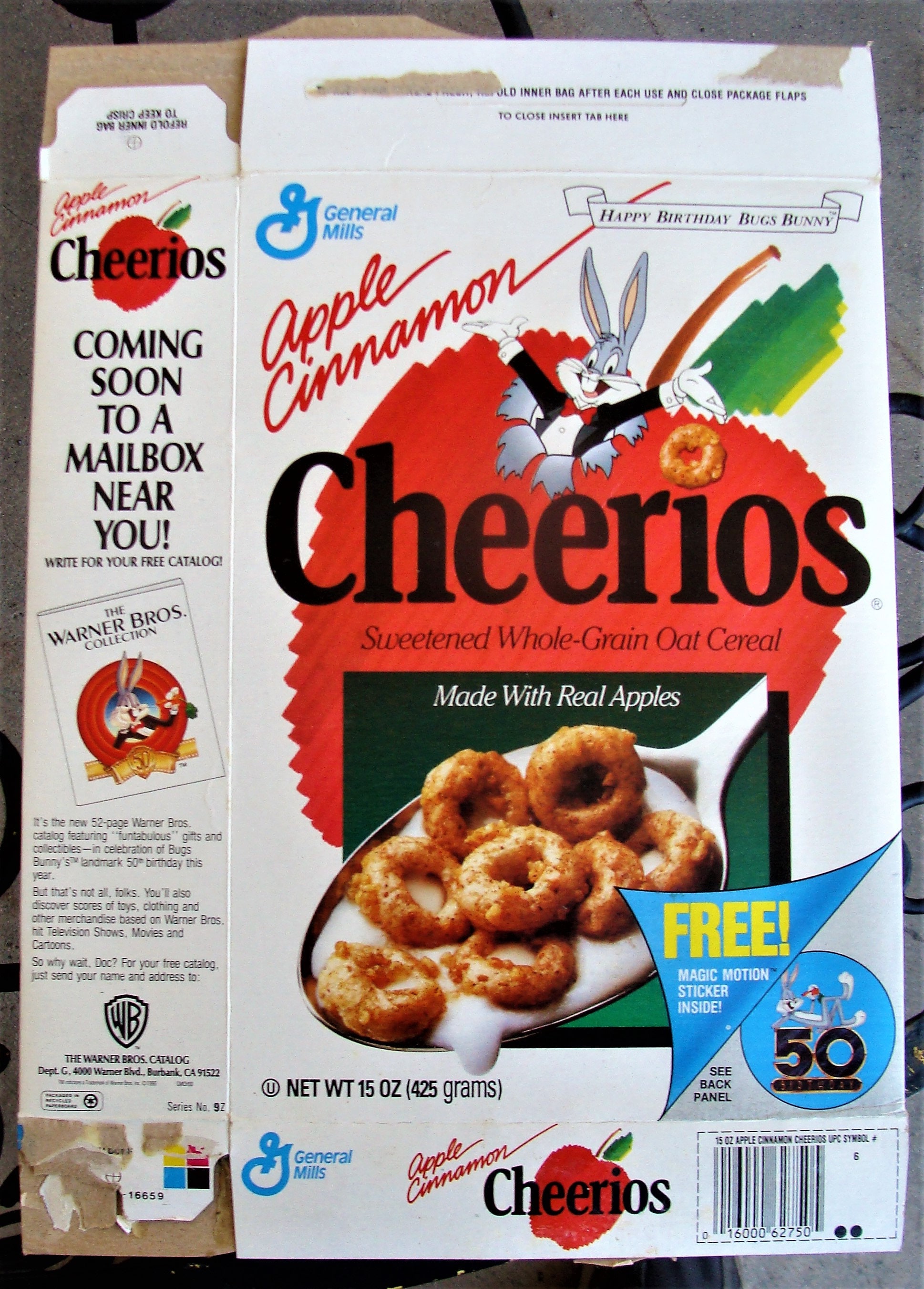 Vintage 1990 Apple Cinnamon Cheerios Empty Box Bugs Bunny 50th