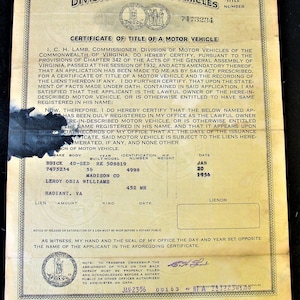 Vintage Historical Document Auto Car Title Virginia 1936 Buick 4D Sedan DMV