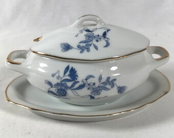 Vtg Royal Crown Arnart Condiment Sugar Jam Jelly Server Blue Gray Flowers Gold