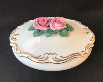 Karl-Heinz Klette Crown &quot;D&quot; Dresden Style Germany Oval Rose Trinket Dish 1950&#39;s