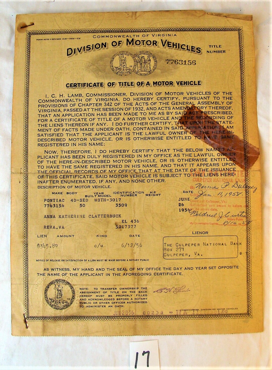Vintage Historical Document Auto Car Title Virginia 1950 Pontiac 4D