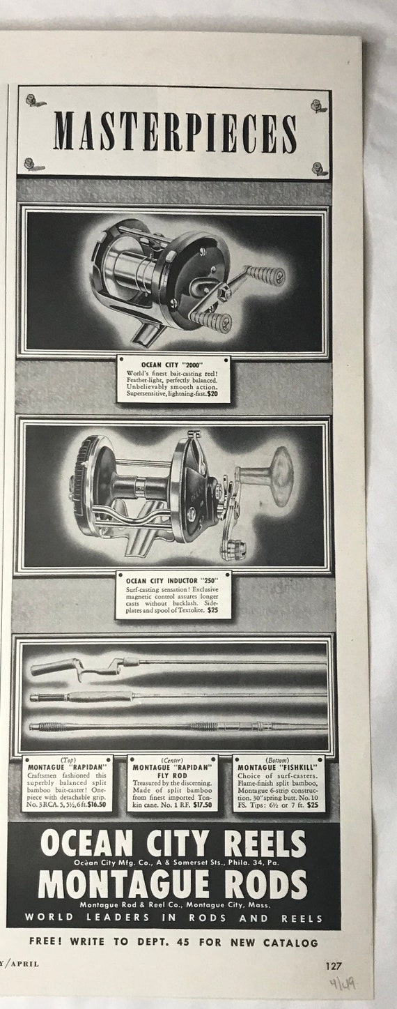 Vtg 1949 Ocean City Reels Montague Rods Illustrated Print Ad