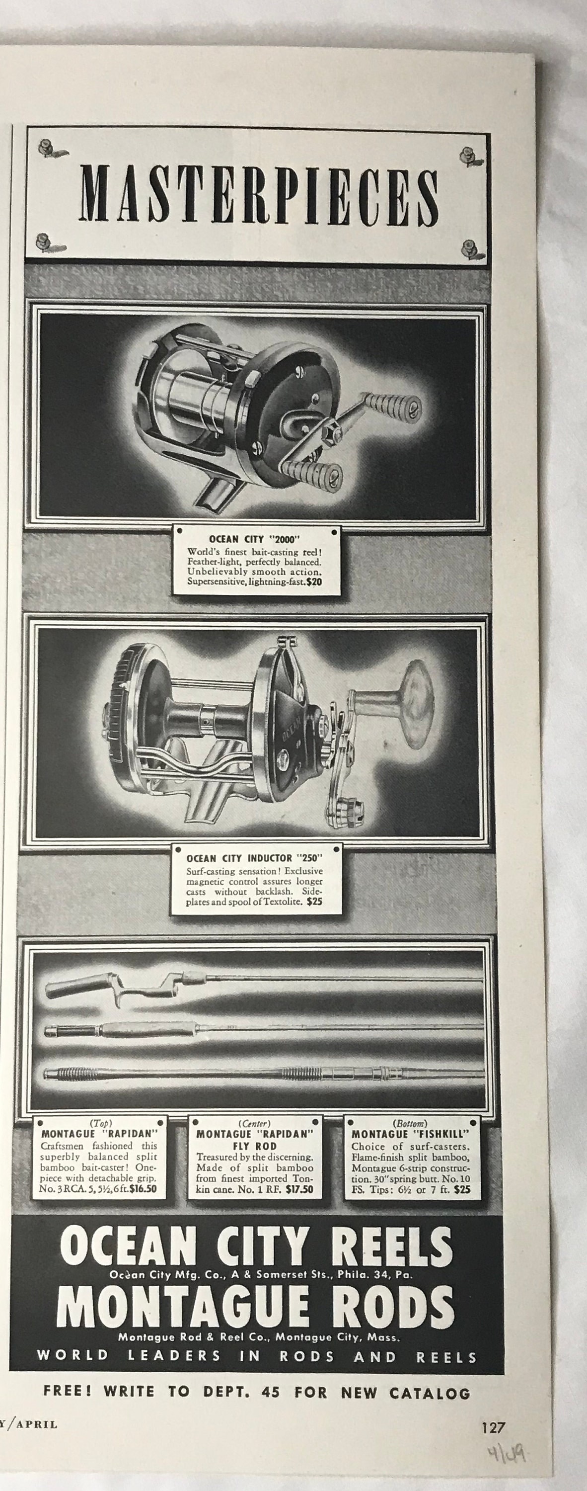 Vtg 1949 Ocean City Reels Montague Rods Illustrated Print Ad Fishing  Fisherman Sportsman -  Canada