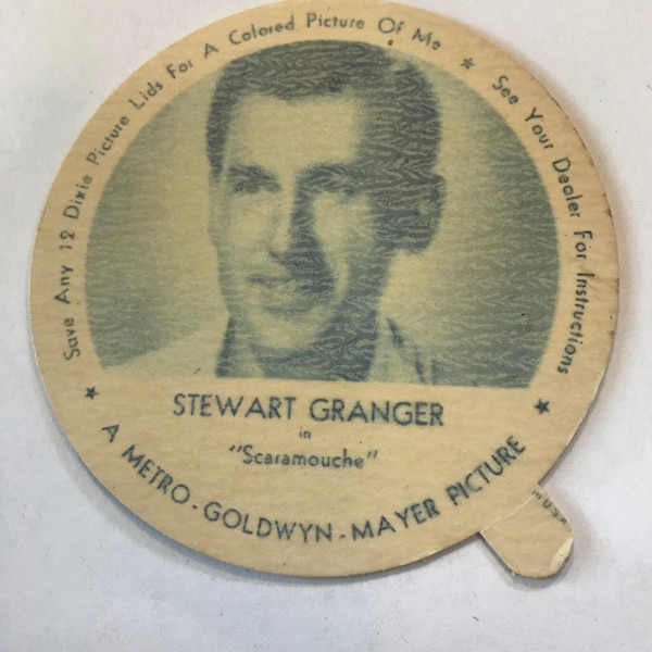 Dixie Cup Picture Lid Movie Star Stewart Granger MGM  Cloverland Ice Cream NOS