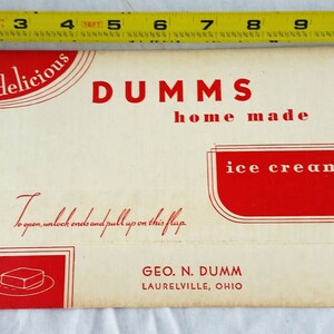 Dumms Ice Cream NOS 1934 Old Stock Unopened Flat Wax Quart Box Laurelville OH VG