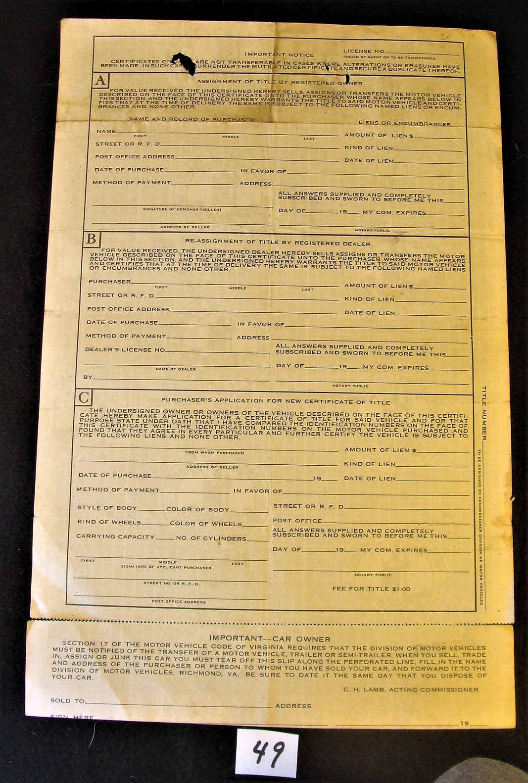 Here is a Vintage Historical Document Auto Car Title Virginia 1940