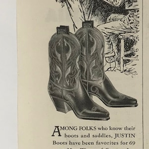 Vintage 1948 Justin Boots Print Ad Western Fashion Cowboy Cowgirl Texas