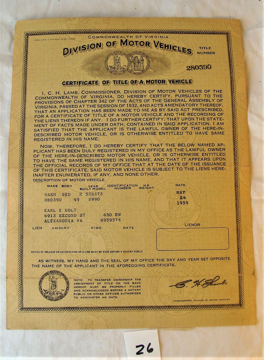 Here is a Vintage Historical Document Auto Car Title Virginia 1949 Nash