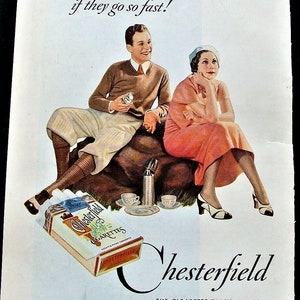 1933 Out of Chesterfield Cigarettes Pretty Girl Picnic Advertising Art Print Ad
