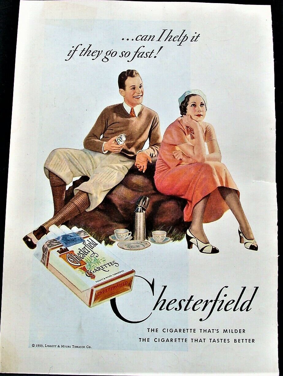 1933 Out of Chesterfield Cigarettes Pretty Girl Picnic Advertising Art  Print Ad