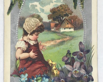 C 1909 Easter Postcard Cute Child Chicks Flowers Country Scene Silver Embossed