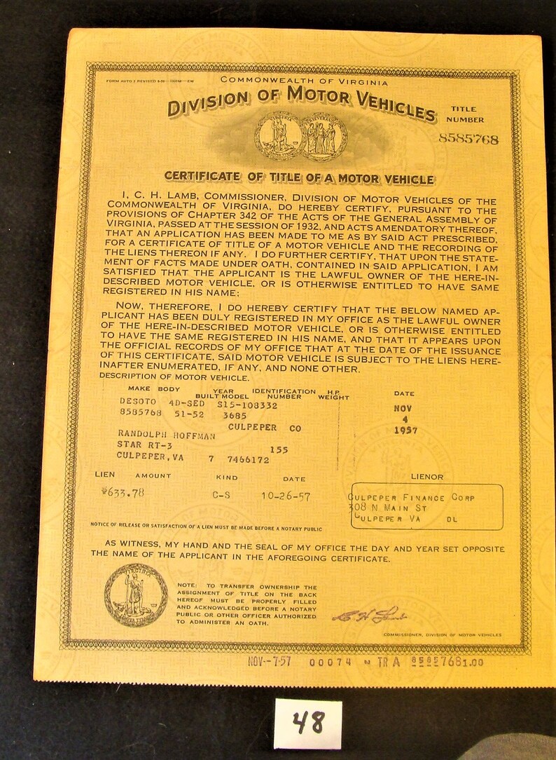 Here is a Vintage Historical Document Auto Car Title Virginia 1951-52