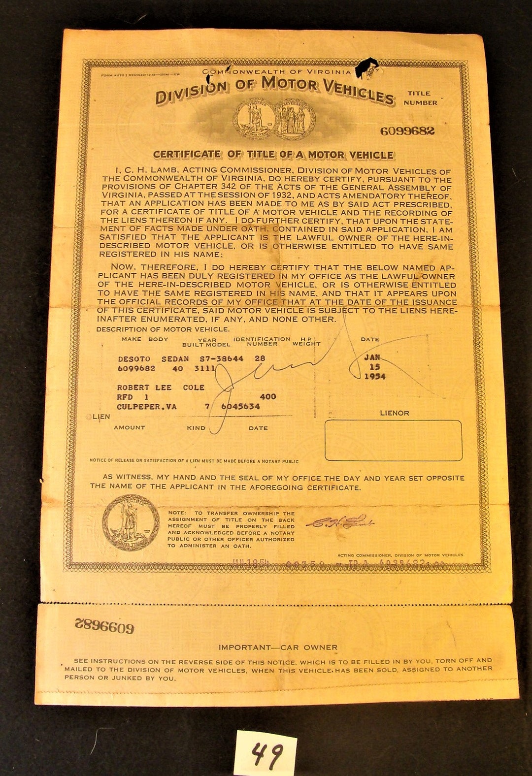 Here is a Vintage Historical Document Auto Car Title Virginia 1940