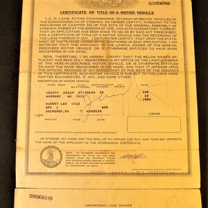 Here is a Vintage Historical Document Auto Car Title Virginia 1940