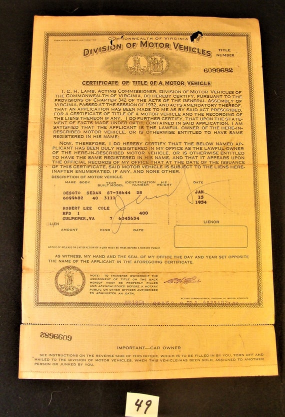 Here is a Vintage Historical Document Auto Car Title Virginia - Etsy