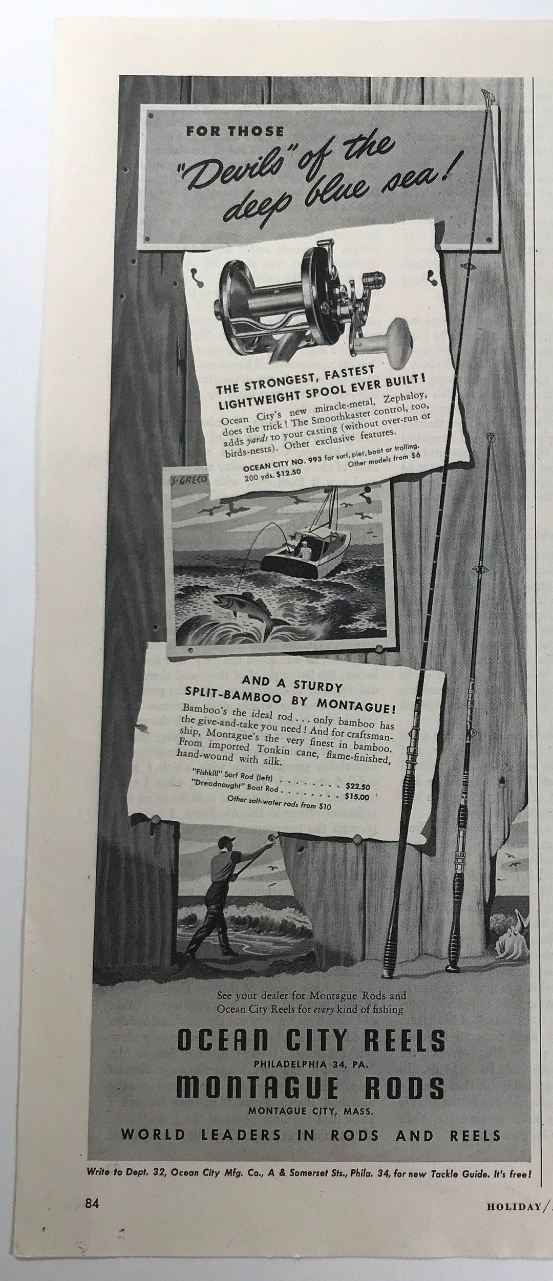 Vtg 1949 Ocean City Reels Montague Rods Illustrated Print Ad