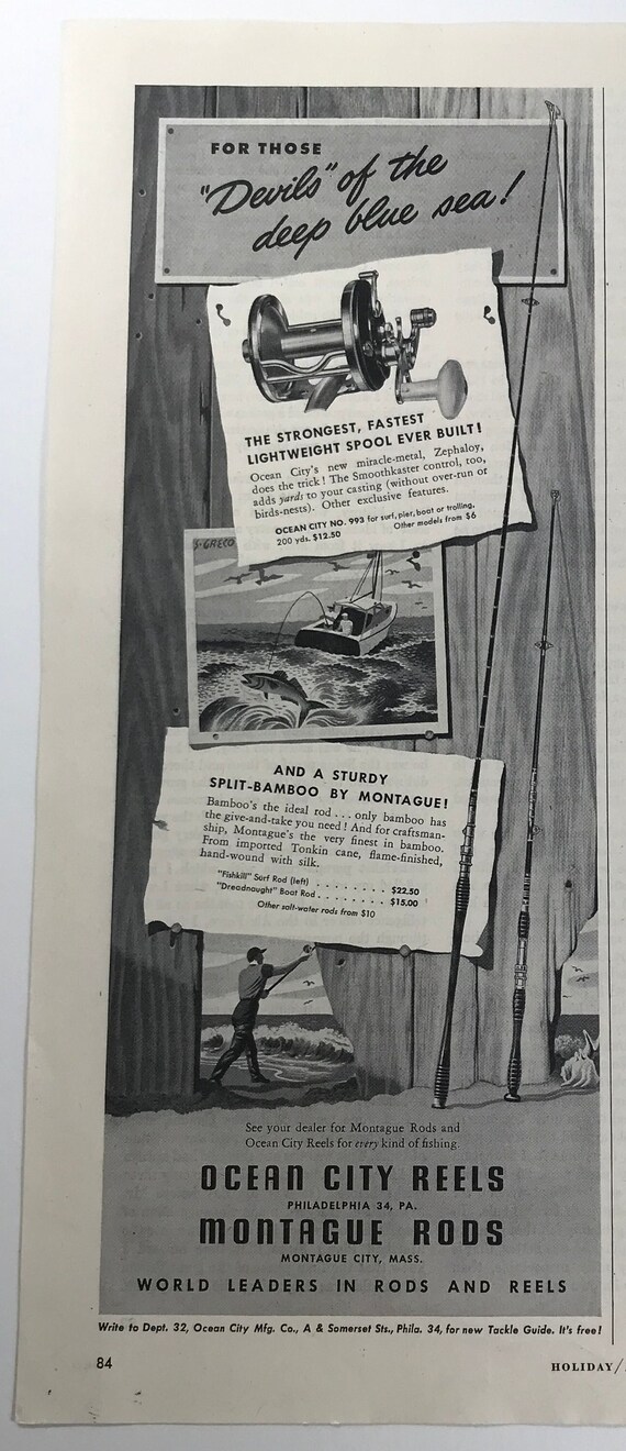 Vtg 1949 Ocean City Reels Montague Rods Illustrated Print Ad Fishing  Zephaloy - Etsy