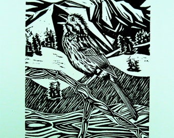 Song Sparrow bird art block print