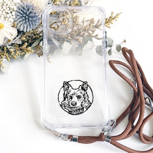 Personalized Phone Case with Dog Cat and Chain / Hand Drawn Protective Case / Transparent Protective Case with Pet / White & Black image 1