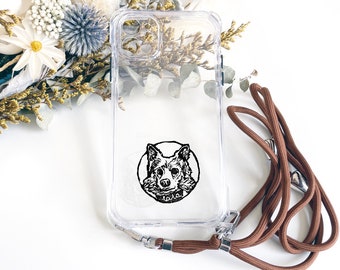 Personalized Phone Case with Dog (Cat) and Chain / Hand Drawn Protective Case / Transparent Protective Case with Pet / White & Black