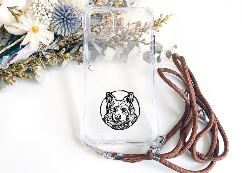 Personalized Phone Case with Dog Cat and Chain / Hand Drawn Protective Case / Transparent Protective Case with Pet / White & Black image 1