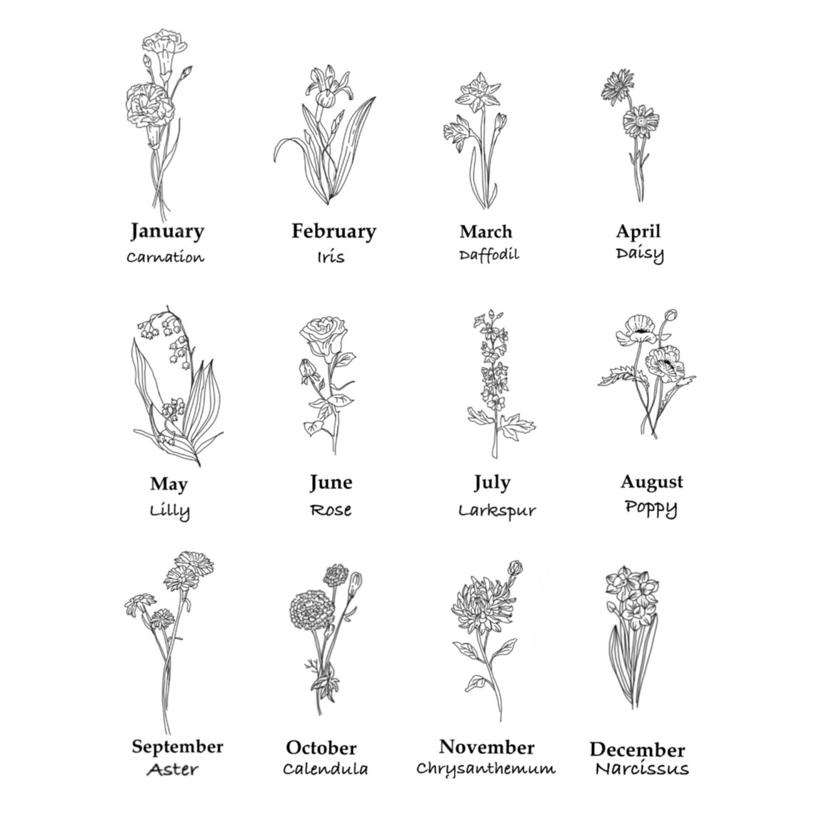 Timbre de fleur du mois de naissance avec nom, tatouage lavable, cadeau danniversaire