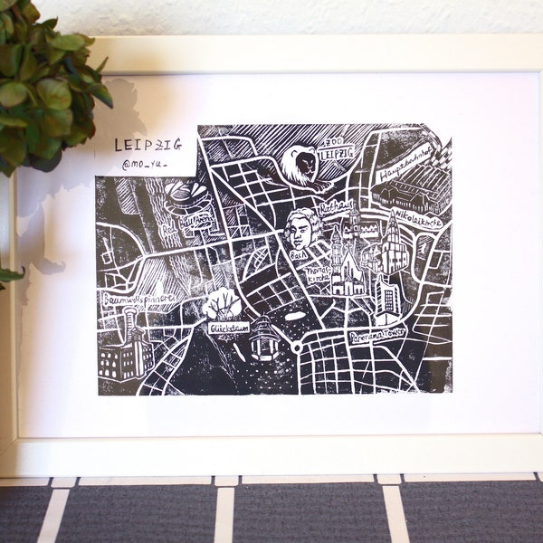 The Leipzig city map,handcarved linoprint streetmap,I love Leipzig,gift for the Leipzig lover,wall decoration,Map of Leipzig