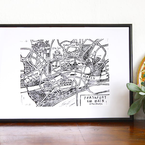 The Frankfurt city map,handcarved linoprint streetmap Frankfurt,I love Frankfurt,gift for the Frankfurter,wall decoration,Map of Frankfurt