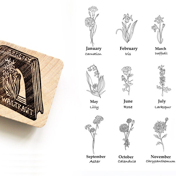 Sello de libro tallado a mano, flor del mes de nacimiento, sello de la biblioteca, ex-libris "libro con flor", sello personalizado para sus libros