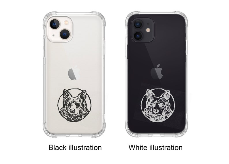 Personalized Phone Case with Dog Cat and Chain / Hand Drawn Protective Case / Transparent Protective Case with Pet / White & Black image 3