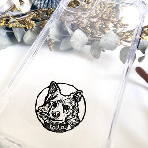 Personalized Phone Case with Dog Cat and Chain / Hand Drawn Protective Case / Transparent Protective Case with Pet / White & Black image 2