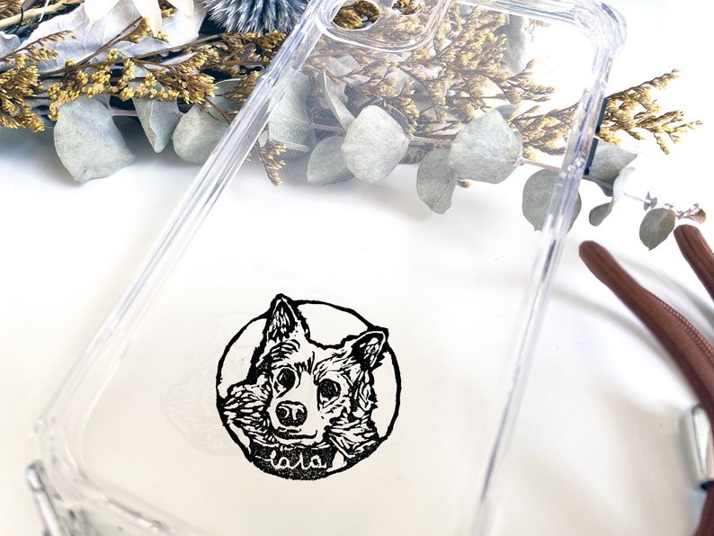 Personalized Phone Case with Dog Cat and Chain / Hand Drawn Protective Case / Transparent Protective Case with Pet / White & Black image 2