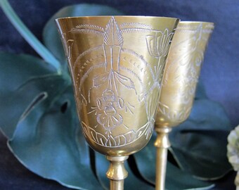 Pair of Etched Brass Goblets- Chalice- Stemware from India: Engraved Floral Design Solid Brass