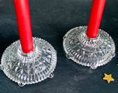 Anchor Hocking Clear Pattern Glass Candle Stick Holders Stars and Bars Pair of Vintage Thousand Line Pressed Glass Candle Holders