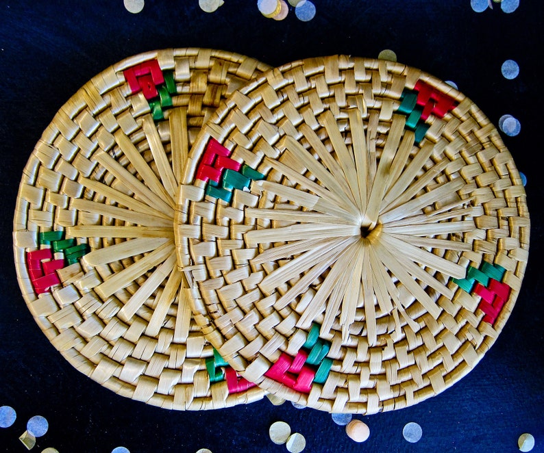 Two Floral Motif Bohemian Boho Trivets or Potholders Vintage Round Woven Straw Raffia Hot-pads